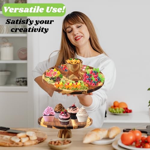 Acacia Wood Cake Stand with Acrylic Lid – 12” Round Wooden Cake Holder, 2-in-1 Serving Tray & Charcuterie Board for Cheese, Dessert, Fruit, Snacks & Party Display