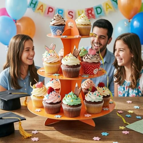YLDW Cupcake Stand, 3-Tier Cupcake Stand Display, Cardboard Cup Cake Tower Stand, Disposable Dessert Stand for Birthday Tea Party Baby Shower Treat Decorations, Orange - color: Orange