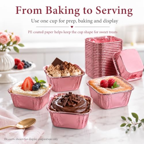 50 Pcs Rose Gold Square Baking Cups, Disposable Paper Pans - color: Rose Gold
