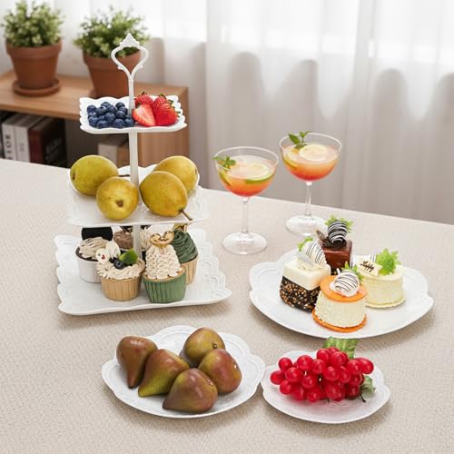 Tosnail 3 Pack 3 Tiers White Plastic Cupcake Stand Dessert Stand Tiered Serving Trays - Round, Square, Flower - color: White