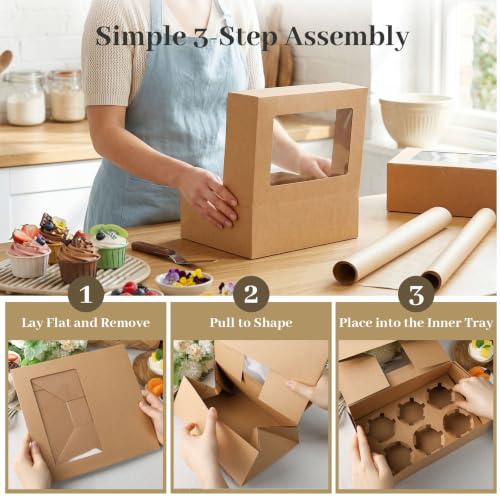 HANSGO 6 Count Cupcake Boxes,6 PCS Cupcake Containers with Window - color: Brown