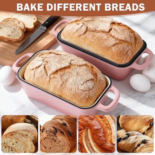 9 x 5 Inch Bread Pan Enameled Cast Iron Loaf Pan with Lid for Baking Pink - color: Pink