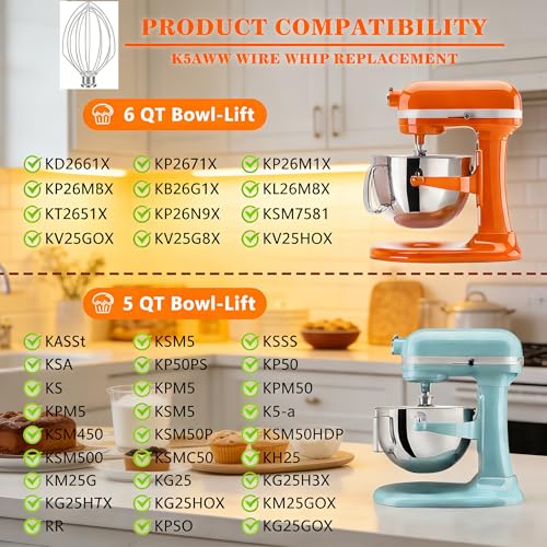 K5AWW Wire Whip for KitchenAid 5 Qt Bowl-Lift Mixer - Heavy Duty 6-Wire Stainless Steel Whisk Attachment - Dishwasher Safe for Whipping Cream, Eggs, Frosting & Cake Batter - size: Medium(K5AWW)