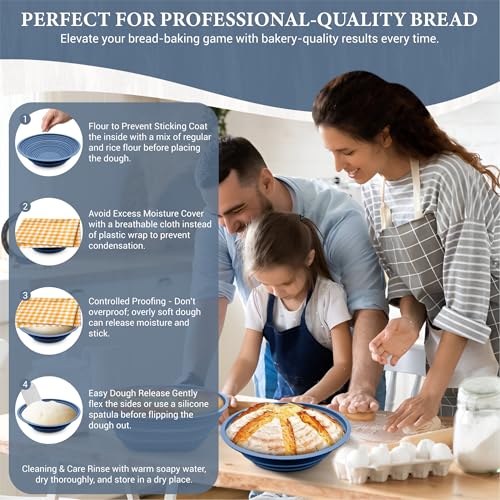 Premium Foldable Silicone Sourdough Banneton Basket | Bread Proofing & Baking Basket Set - Includes Oval & Round Bowls (9.5 Inch) - Oven & Dishwasher Safe, Gifts for Bakers - Blue - color: Blue