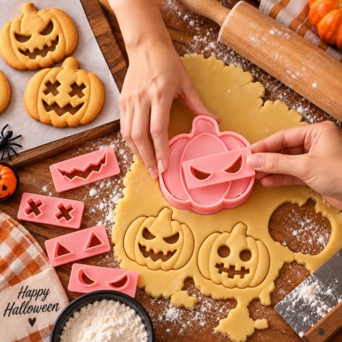 Pumpkin Face Cookie Stamps Set, 10 Pieces 3D Pressable Cookie Cutters - color: Pumpkin