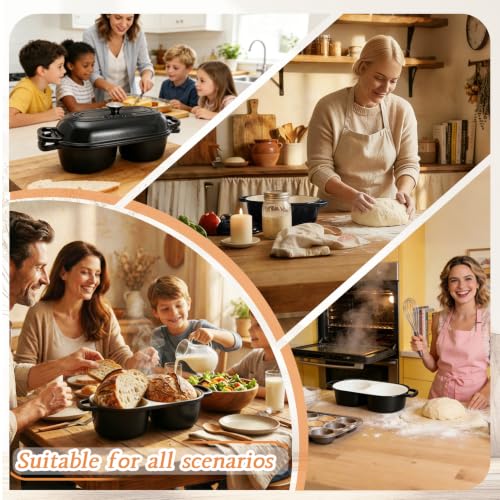 DIY Double Dutch Oven for Sourdough Bread Baking – Enamel Cast Iron Bread Baker with Lid, Bake Two Different Loaves at Once, 500°F Oven Safe, Includes 2×10" Banneton Proofing Baskets - color: Black