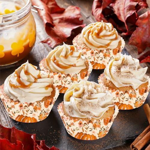 Whaline 300Pcs Fall Cupcake Liners Watercolor Pumpkin Flower Paper Baking Cups Autumn Floral Muffin Liner Cake Paper Cups Storage Container for Thanksgiving Party DIY Craft, 2x1.2 Inch - style: Pumpkin Flower