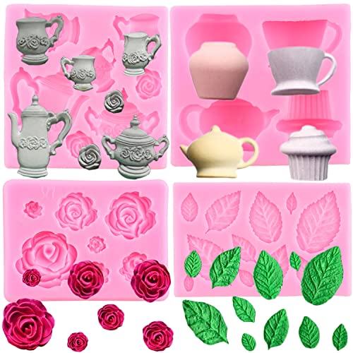 Mujiang Teapot Silicone Mold Rose Flower Leaves Fondant Molds Set Of 4 - color: Style B