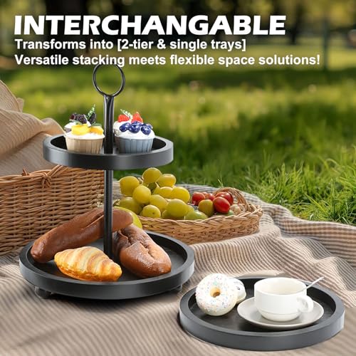 SYNCVIBE Wooden Farmhouse Round Black 3 Tiered Decorative Tray Stand - color: black