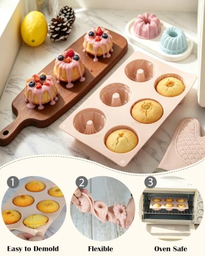Jello Molds, 3pcs Silicone Fluted Tube Cake Pans, 6-Cavity Non Stick Silicone Baking Molds for Cupcake, Donuts, Muffin, Cornbread, Brownie, Jellies (Caltle-Pink+Blue+Gray) - color: Caltle-Pink+Blue+Gray