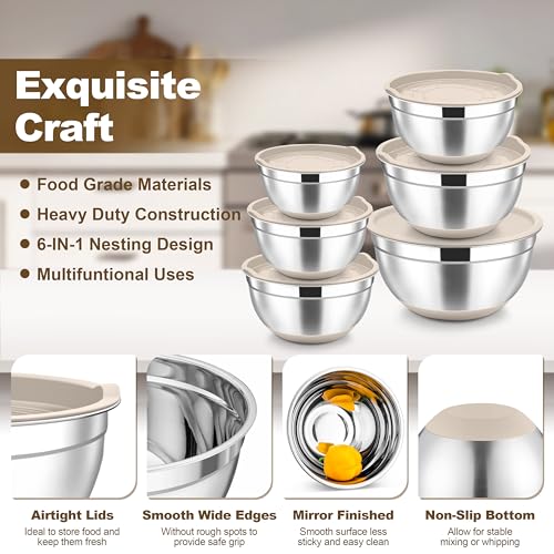 TeamFar Mixing Bowls, Stainless Steel Salad Bowl with Lid & Graters -Khaki - color: Khaki