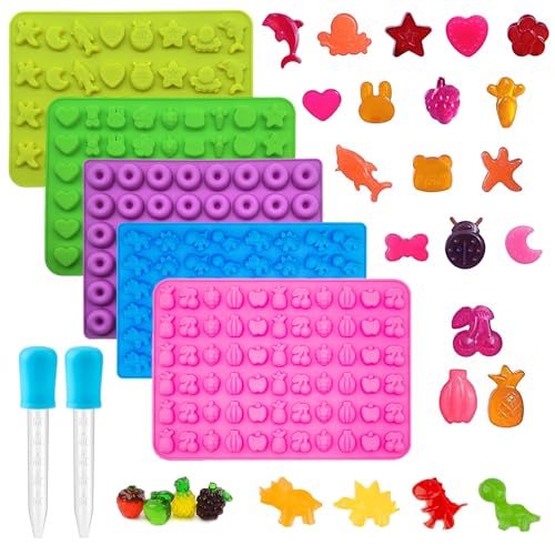 5Pcs Gummy Candy Molds - Silicone Gummy Dinosaur/Marine Animal/Donut/Small Hearts Shapes/Fruit Snack Mold with 2pcs Dropper,Non-stick and Bpa Free for Mini Candy Chocolate Gummies Baking - color: 5pcs Candy Molds