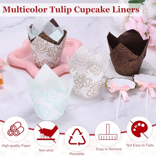 uxcell 100Pcs Tulip Cupcake Liners with 10Pcs Cheese Markers Muffins Liners - color: Brown/White Gold