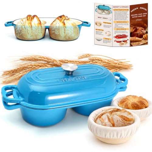 DIY Double Dutch Oven for Sourdough Bread Baking – Enamel Cast Iron Bread Baker with Lid, Bake Two Different Loaves at Once, 500°F Oven Safe, Includes 2×7" Banneton Proofing Baskets - color: Blue