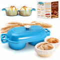 DIY Double Dutch Oven for Sourdough Bread Baking – Enamel Cast Iron Bread Baker with Lid, Bake Two Different Loaves at Once, 500°F Oven Safe, Includes 2×7" Banneton Proofing Baskets - color: Blue