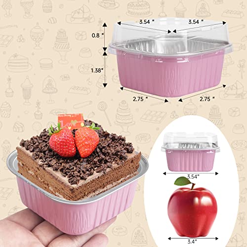 50 Pcs Mini Square Baking Cups with Lids,5oz Aluminum Foil Mini Cake Pans with Lids,Disposable Ramekins Cake Pans,150ml Dessert Cups Cupcake Pans for Wedding Birthday Party,Pink - color: Pink, size: 5oz