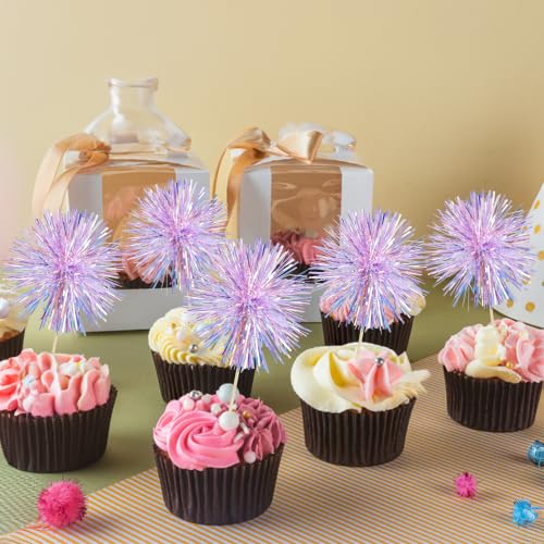 Ephlyn 30Pcs Foil Firework Cupcake Toppers Party Birthday Cake Toppers Supplies Sparkle Tinsel Cocktail Fruit Toothpick for Birthday Wedding Graduation Party Purple - color: Purple, style: Style 2