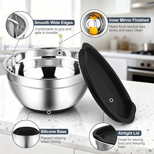 TeamFar Mixing Bowls, Stainless Steel Salad Bowls with Lids - Black - color: Black