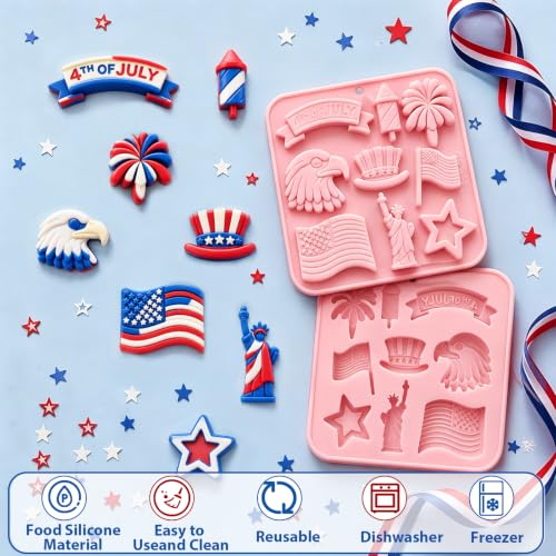 4th of July Silicone Molds 2 Pack Independence Day Chocolate Molds Patriotic Silicone Candy Mold Tray Statue of Liberty American Flag Eagle Stars Cake Decorating Jelly Ice Cubes Soap Baking - color: 4th of July Silicone Molds