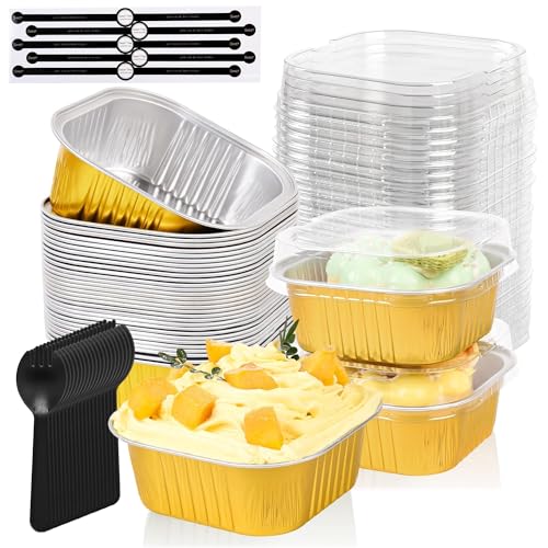 100 Pcs Mini Cake Pans with Lids and Spoons, 5oz Square Aluminum Foil Brownie Baking Cups, Small Cake Tins with Lids, Disposable Ramekins, Mini Cake Containers For Wedding Birthday Party (Gold) - color: Gold, size: 5 OZ