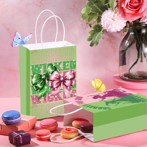 Junyaoii 16pcs Witch theme Dessert Bag, 6.3 * 3 * 8.2inch,Witch paper Bags for Candy Party Favors,Green and Pink gift Bags, Birthday Party Decorations