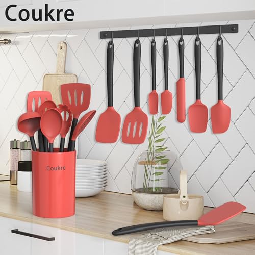 Coukre Silicone Kitchen Cooking Utensils Set, Heat Resistant, 14-Piece - color: Red