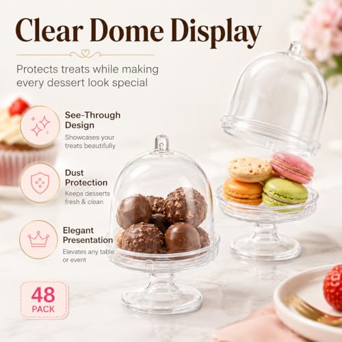 48Pcs Mini Cake Stand, 3.1 x 2.2 in Mini Cake Stand with Dome, Clear Small Cake Stand with Lid for Chocolate, Candy, Macarons, Wedding, Birthday, Party, Sliver