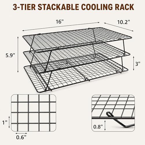 Cooling Rack 16"x10", 3-Tier Stackable & Collapsible Cooling Racks - color: Black, size: 3-Tier-SL