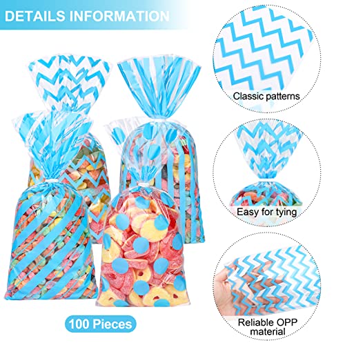 Aodaer 100 Pieces 10.6 x 5.1 In Blue Cellophane Bags Plastic Candy Bags Cellophane Treat Bag Polka Dot Stripes Printed Pattern Goodie Gift Bag with Twist Ties for Birthday, Baby Showers, Weddings Party Supplies - color: Blue