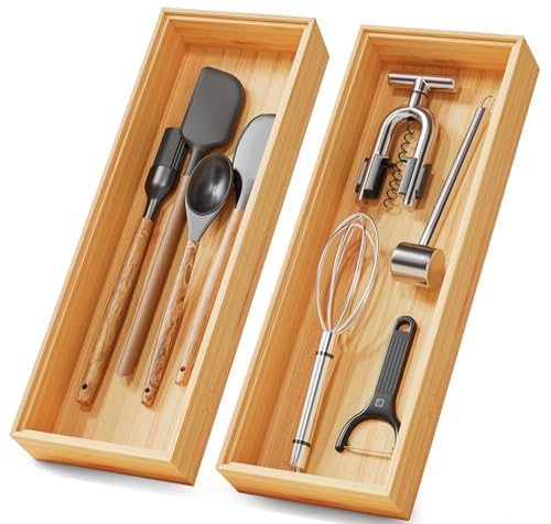 Bamboo Kitchen Drawer Organizer Boxes 14" x 5" Stackable Pantry Organizers - size: 14" x 5" x 2"