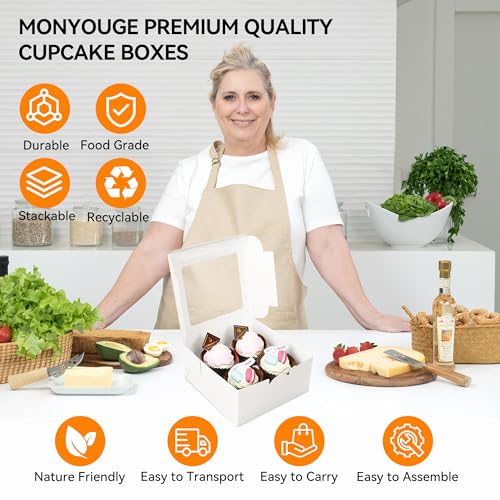 50-Set Cupcake Boxes Bulk with Clear Display Window Hold 4 Standard Cupcakes, Disposable Food Grade White Cupcake Carrier Cupcake Container, Perfect for Cupcakes Muffins Cookies Pastries