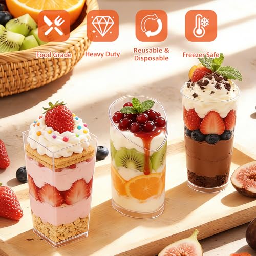 Eupako 120 Pack 3 oz Plastic Dessert Shooter Cups Assorted Shape - 40 Slanted 40 Round 40 Square Mini Clear Appetizer Cup, Small Dessert Cup for Jello Shots, Parfait, Puddings, Mousse - style: Round & Square & Slanted - 3 oz - 120 Set
