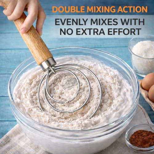 Danish Dough Whisk for Sourdough – Thick Stainless Steel Dutch Whisk with Ergonomic Oak Handle – Heavy-Duty Dough Mixer for Bread & Baking - size: Round Coil