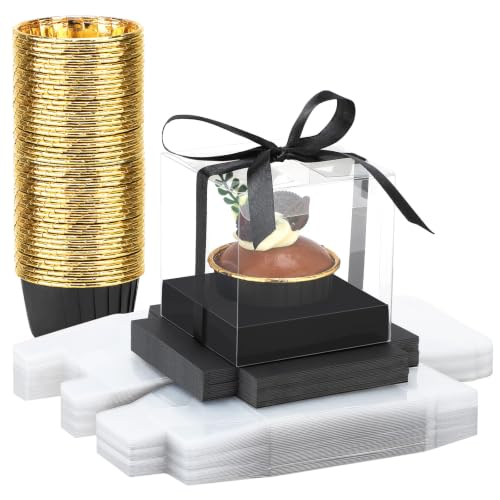 EUSOAR Cupcake Boxes with Cupcake Cups, 50pcs 3.5 Inch Single Cupcakes Holder and 50pcs 3.5oz Cupcakes Wrappers, Transparent Dessert Pastry Cupcakes Containers for Wedding Party Favor Bakery - color: Black