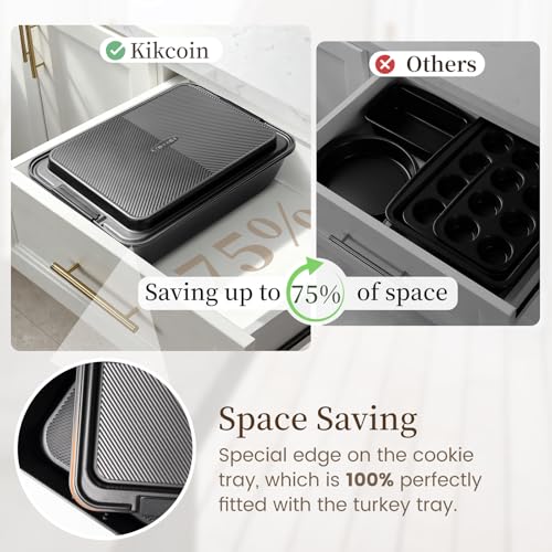 Kikcoin 25-Piece Nonstick Baking Pans Set with Large Turkey Roasting Pan, Stackable Ceramic Bakeware Set, 450°F Oven Safe Baking Sheet Set with Silicone Handles, Cookie Sheets for Baking, Black - color: Black