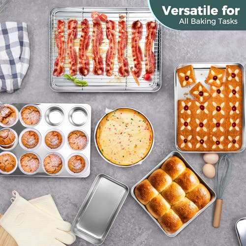 E-far 12-Piece Bakeware Sets, Stainless Steel Baking Pan Set Includes Cookie Sheet, Round Square Rectangle Cake Pans with Lids, Multi-Functional for Loaf Muffin Pizza, Non-toxic & Dishwasher Safe - size: 12-Piece Set