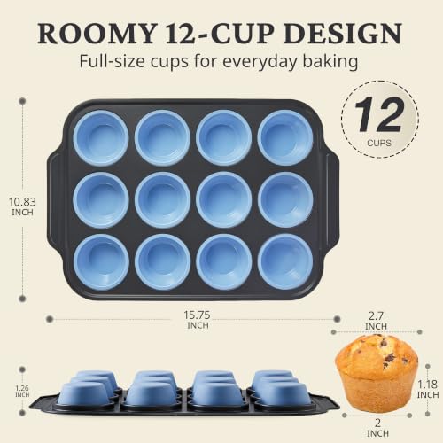 BRONYPRO Silicone Muffin Pans for Baking with Metal Frame, Egg Bite Molds, 12-Cup Regular Size Cupcake Pan, Easy-Release Nonstick Food-Grade Silicone, Cleaning Brush Included, Oven Safe, Blue - color: Blue, size: 12-Cup Standard