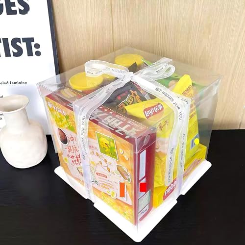 10x10x9 Clear PET Cake Boxes 5 Pack with Food-Grade White Base & Just For You Satin Ribbon, Rigid Waterproof Cake Carrier for Home Bakers, Birthday Wedding Cake, Dessert Snack & Gift Display Box - size: 10 inch