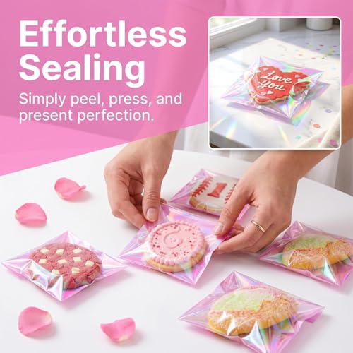 200Pcs Iridescent Cookie Bags,Self Sealing Cellophane Treat Bags - color: Iridescent-pink, size: 5.5 x 5.5 inch