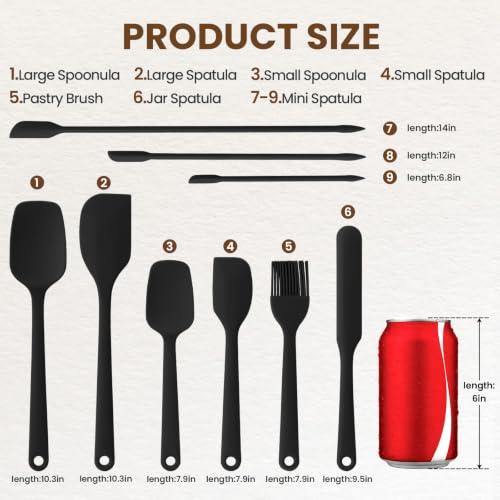 Silicone Spatula Set,9-Piece BPA Free Food Grade Heat Resistant Spatulas for Cooking Baking,Seamless One Piece Design,Non-Stick Safe,Dishwasher Safe,Withstands -104°F to 600°F（Black）