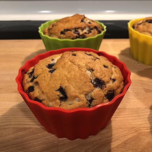 12 Pack Measured Baking Cups Jumbo Silicone Muffin Cup Reusable Non-Stick Liners Easy To Read Measurements Four Colors Flexible Durable Microwave & Dishwasher Safe by Baking Made Easy