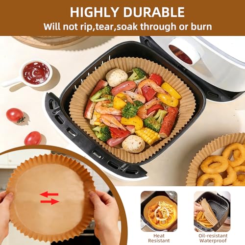 150Pcs Air Fryer Liners, 8 Inch Square Unbleached Parchment Paper - Food Grade, Non-Stick & Oil Proof for 5-8 QT Air Fryer, Oven, Microwave, Baking