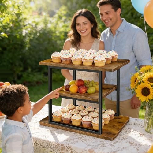 3 Tier Rustic Wood Cupcake Stand, Rectangular Dessert Table Display Tower - size: 1 Pack - 3 Tier Rectangle