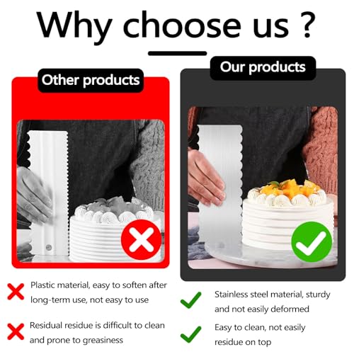 2 Packs Stainless Steel Cake Smoother Tool, 8.6''/22 CM Metal Cake Scraper Double Sided Patterned Comb Spatula for Icing Decorating Frosting Stripe Edge Cream Pastry Buttercream A
