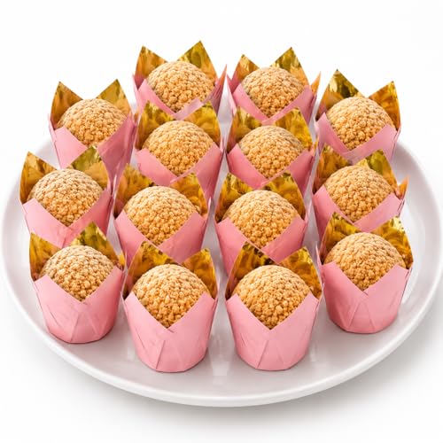 Party Hippo Gold Tulip Cupcake Liners, Baking Paper Cups, Greaseproof Cupcake Wrappers for Muffins, Cupcakes, Wedding, Birthday, Baby Shower (100, Pink) - color: Pink