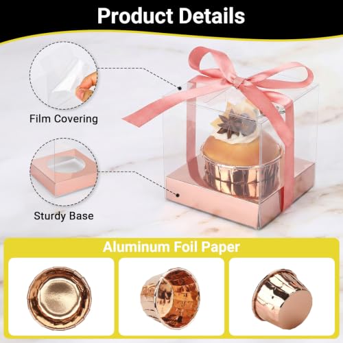 EUSOAR Clear Cupcake Boxes with Cupcake Liners, 50pcs 3.5 Inch Cupcakes Holder and 50pcs 3.5oz Baking Cup, Single Dessert Pastry Box Cupcakes Containers Disposable for Wedding Party Favor Bakery - color: Rose Gold