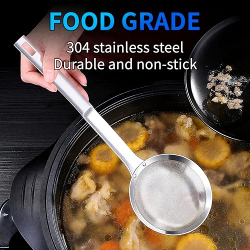 TBWHL Multi-functional Fat Skimmer Spoon for Cooking- Stainless Steel Fine Mesh Strainer with Handle for Skimming Grease and Foam DIA 3.7" - size: Dia 3.7"