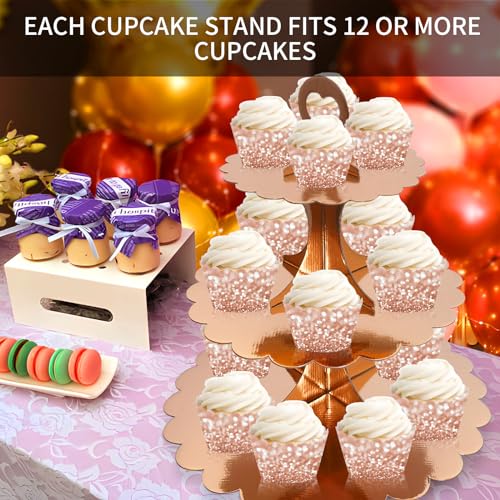 2 Pack 3 Tier Rose Gold Cupcake Stand for 24 Cupcakes, Cardboard Cake Tower for Parties and Celebrations - color: Rose Gold 2 Pack