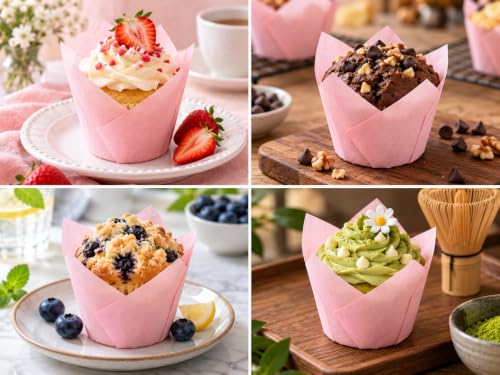 50 Pcs Pink Tulip Cupcake Liners for Baking, Muffin Liners - color: Pink