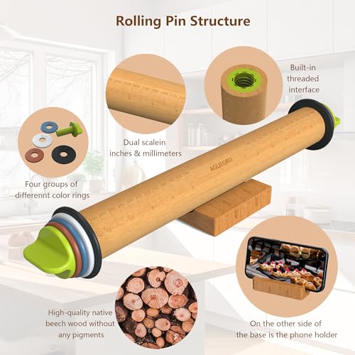Adjustable Rolling Pin with 4 Thickness Rings &Wood Stand For Baking Dough - color: Wood
